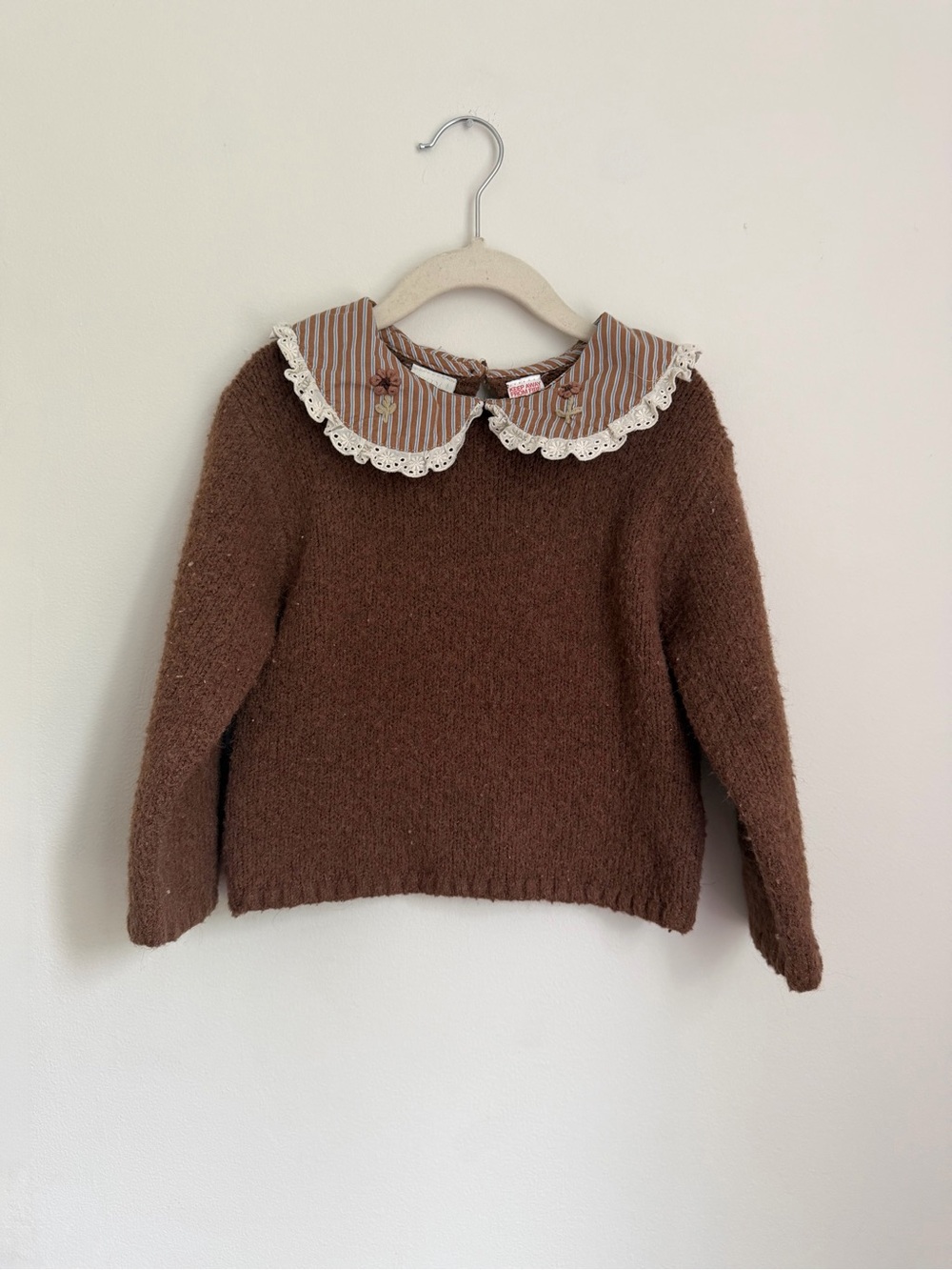 Zara Kids Brown Knit Sweater with Lace Peter Pan Collar (Size 4)